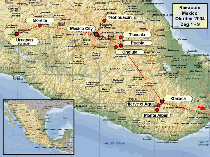 Travel route / Map In october 2004 I made a journey through Mexico. The journey was an interesting mix of colonial cities (Mexico City, Morelia, Puebla, Oaxaca ...), pyramides and temples of mesoamerican cultures like Zapotecs, Toltecs, Maya's and Aztecs (Teotihuacan, Monte Alban, Palenque, Uxmal, Chitzen Itza, ...) and beautiful nature with volcanoes, canyons, mangrove forests, jungle and waterfalls (Paricutin, Cañon del Sumidero, Aqua Azul, Celestun, ...) Stefan Cruysberghs